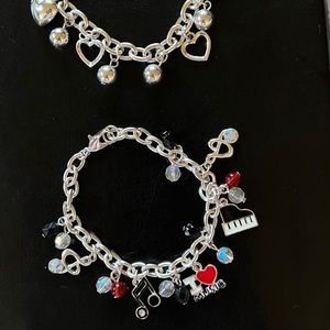 🎶 ♥️ Two Silvertone Estate Sale Charm Bracelets Music Lovers And Hearts